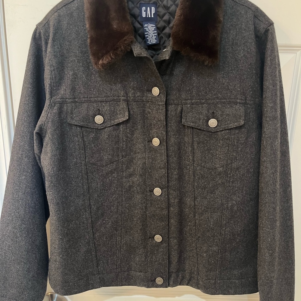 Gap‎ Jeans 1969 Y2K Wool Button Down Unisex Jacket Size L Warm Faux Fur Elegant